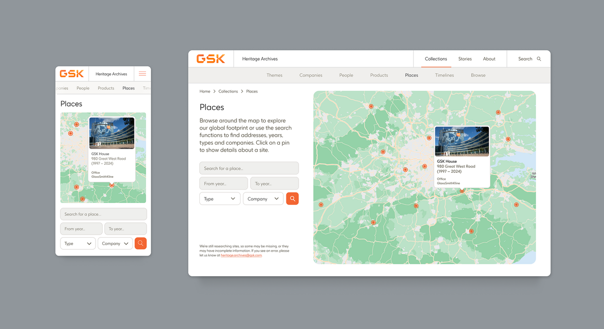 Image highlighting the Map view for Collections on the GSK Heritage archives website.